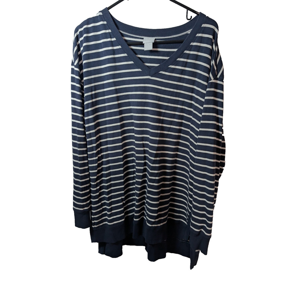 Chico’s Sweatshirt Breton Stripe Nautical V-Neck Top Women’s Size XL Wedge Tunic